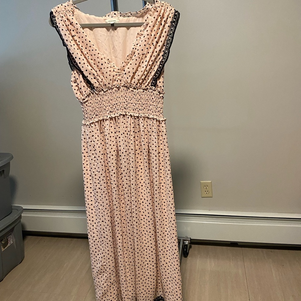 Max Studio Blush Pink Polka Dot Maxi Dress with Black Trim